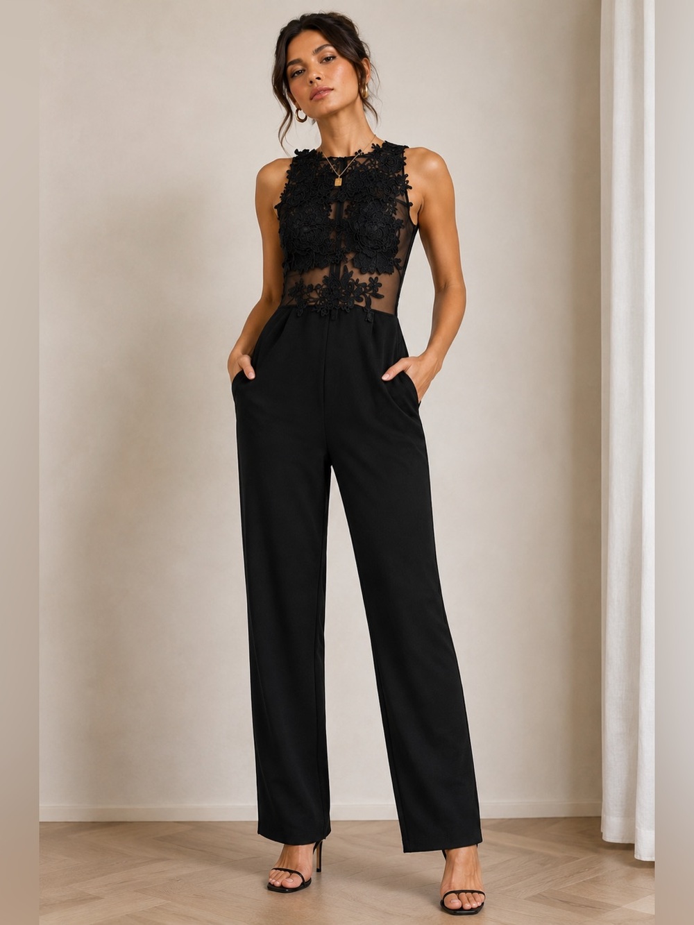 IRIS Black Lace Illusion Jumpsuit | Floral Embroidered Mesh Bodice | Sleeveless